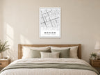 Warsaw City Centre Street Map Poster at A1, as a poster, above a bed