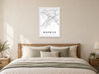 Warwick Town Centre Street Map Poster at A1, as a poster, above a bed
