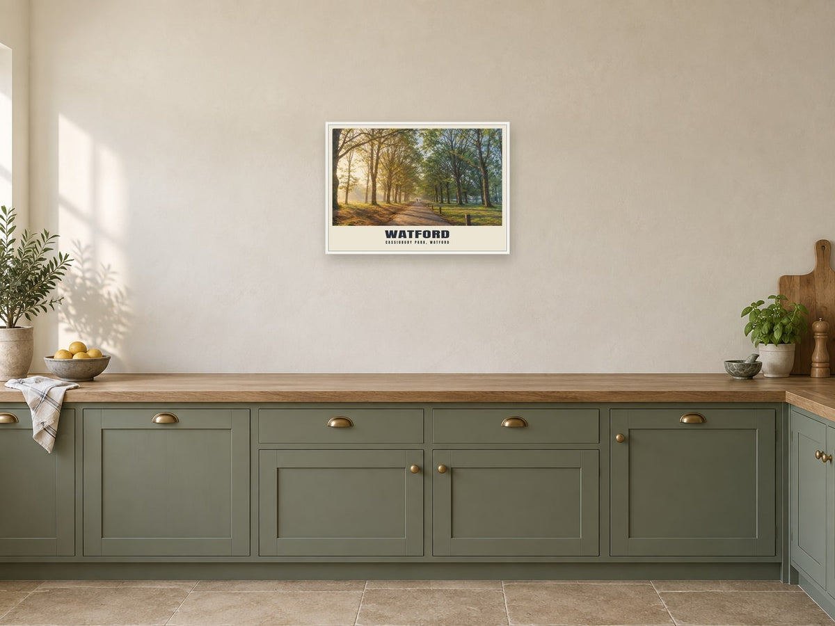 Cassiobury Park, Watford Oil Painting Poster at A2, in a white frame, in a kitchen