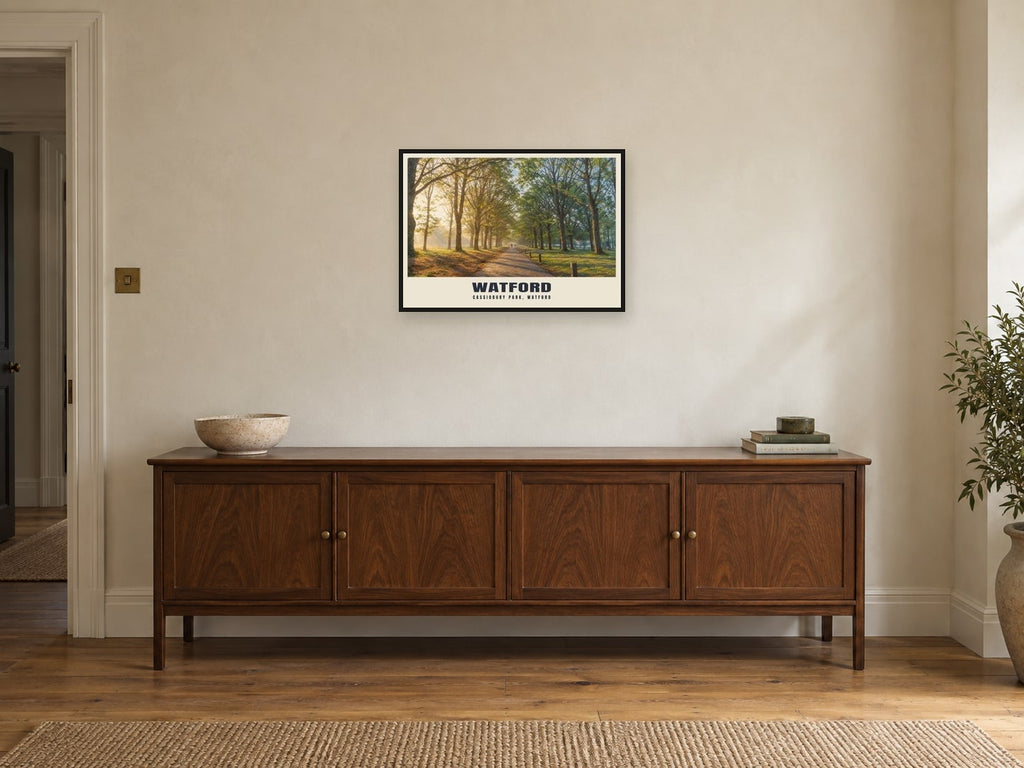 Cassiobury Park, Watford Oil Painting Poster at A2, in a black frame, above a sideboard