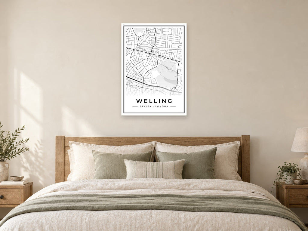 Welling Street Map Poster at A1, as a poster, above a bed