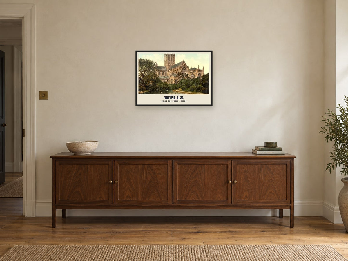 Wells Cathedral, 1890s Heritage Print at A2, in a black frame, above a sideboard
