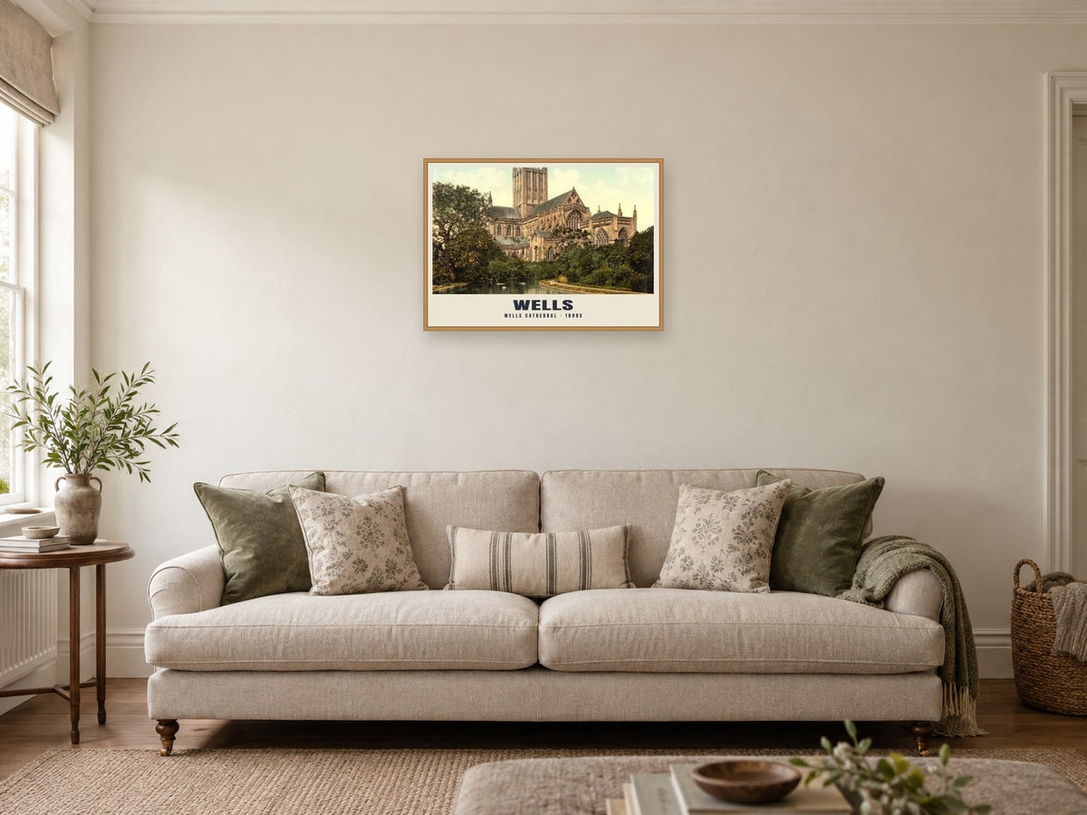 Wells Cathedral, 1890s Heritage Print at A2, in a natural wood frame, in a sitting room