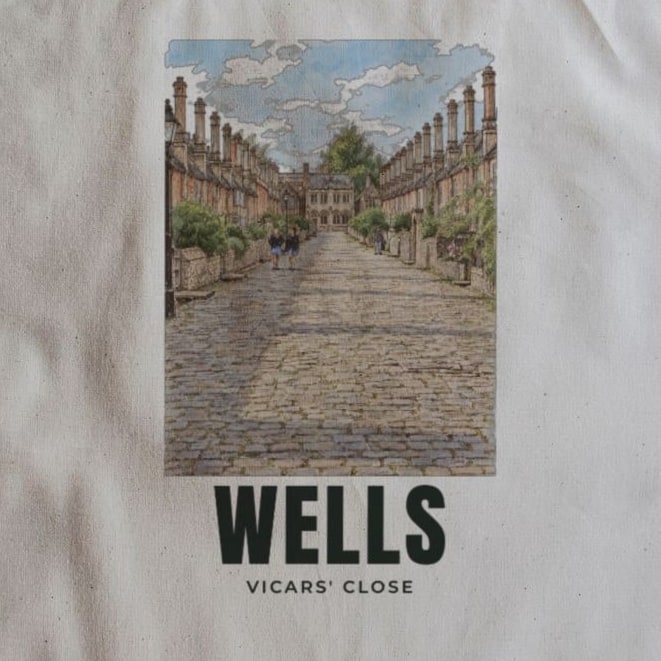 Close-up of the Vicars' Close, Wells drawing and lettering printed on natural cotton