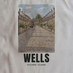 Close-up of the Vicars' Close, Wells drawing and lettering printed on natural cotton