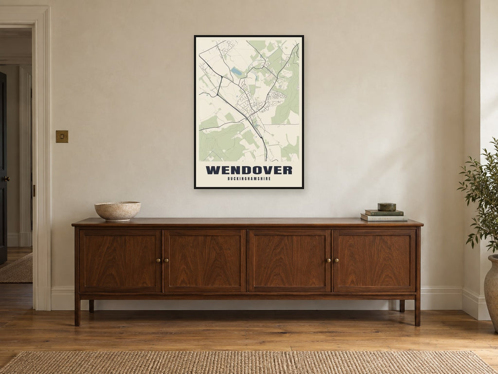 Wendover Street Map Poster at A1, in a black frame, above a sideboard