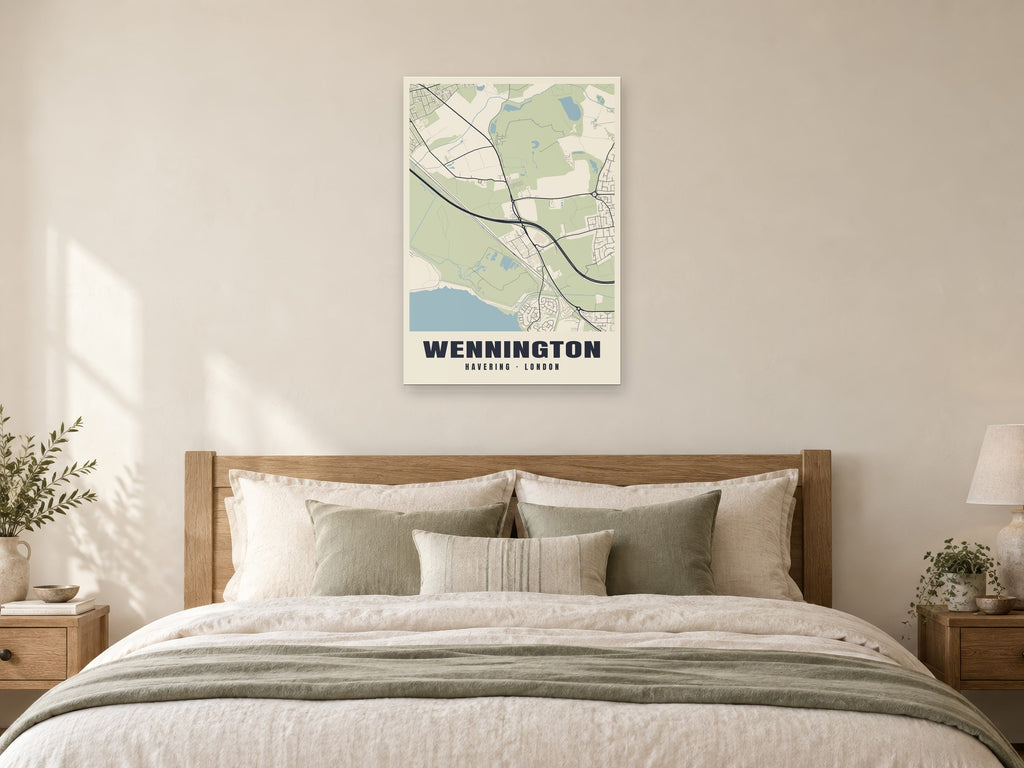Wennington Heritage Street Map Poster at A1, as a poster, above a bed