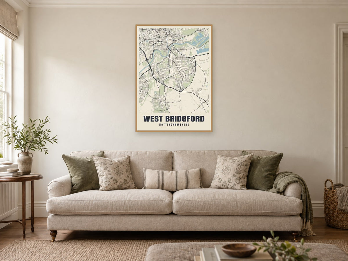 West Bridgford Street Map Poster at A1, in a natural wood frame, in a sitting room