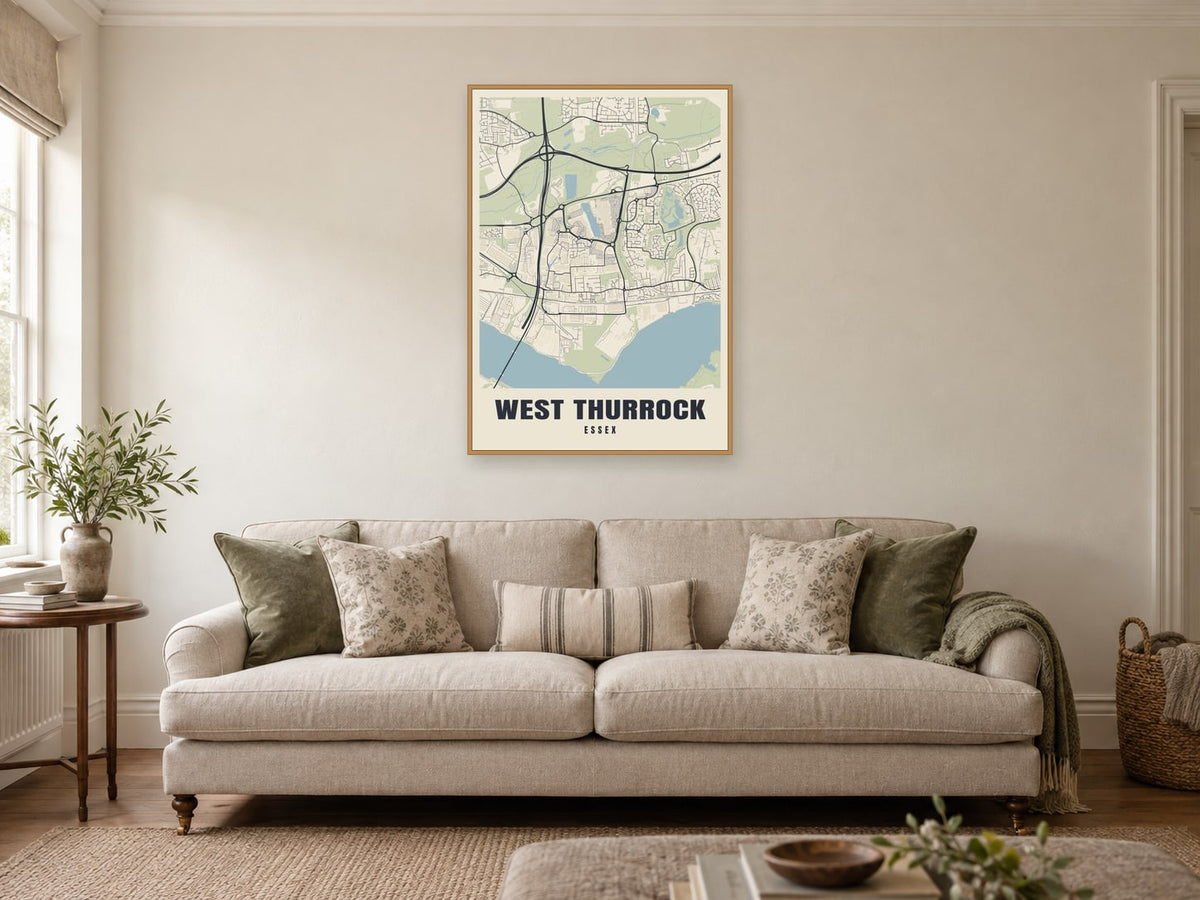 West Thurrock Street Map Poster at A1, in a natural wood frame, in a sitting room