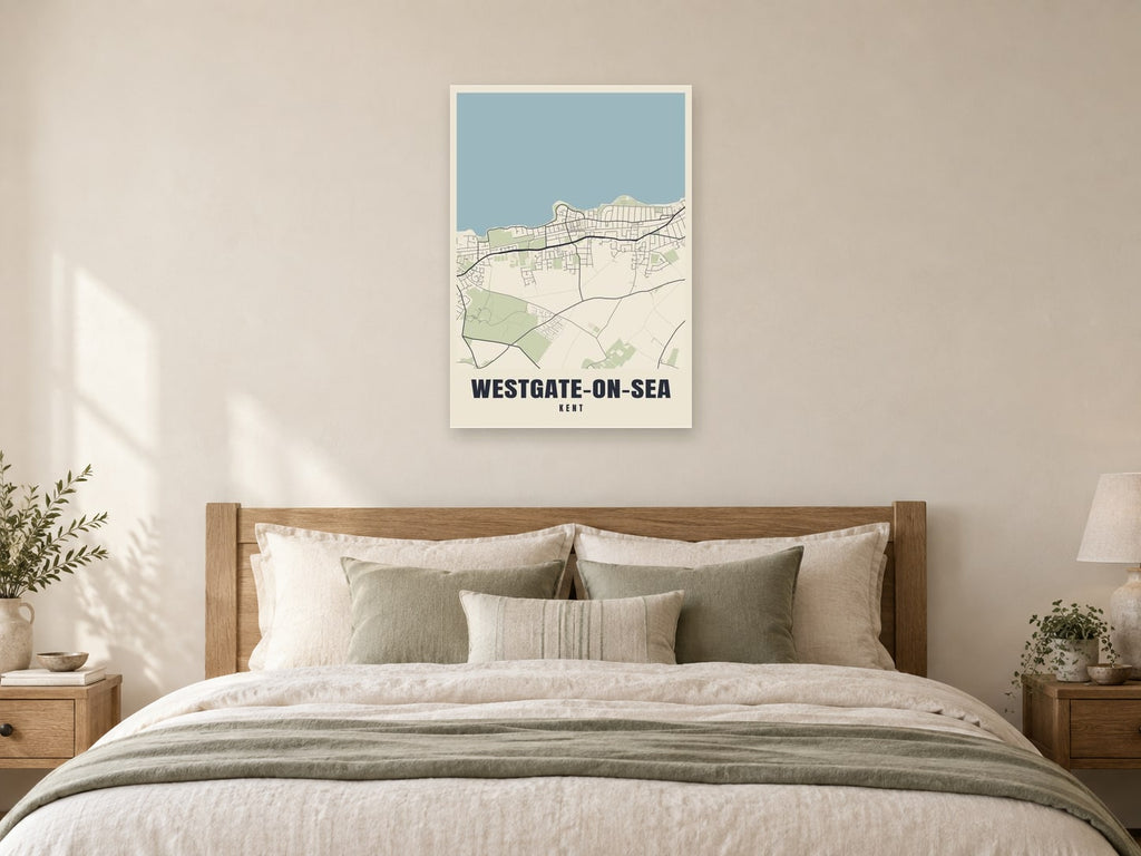 Westgate-on-Sea Street Map Poster at A1, as a poster, above a bed
