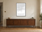 Westgate-on-Sea Town Centre Street Map Poster at A1, in a black frame, above a sideboard