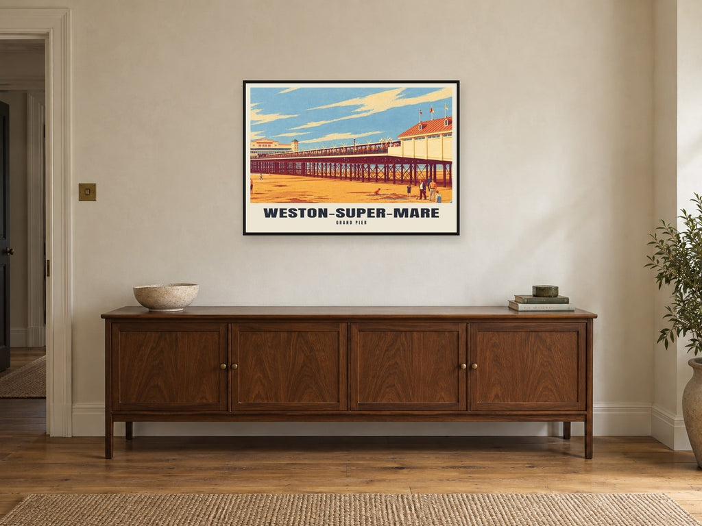 Grand Pier, Weston-super-Mare Poster at A1, in a black frame, above a sideboard