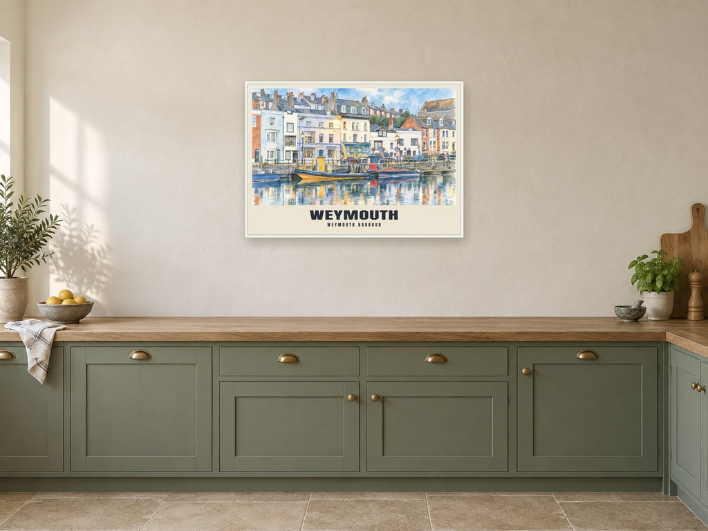 Weymouth Harbour Poster at A1, in a white frame, in a kitchen