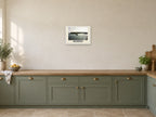 Port and coastline, Weymouth, 1994 Heritage Print at A3, in a white frame, in a kitchen
