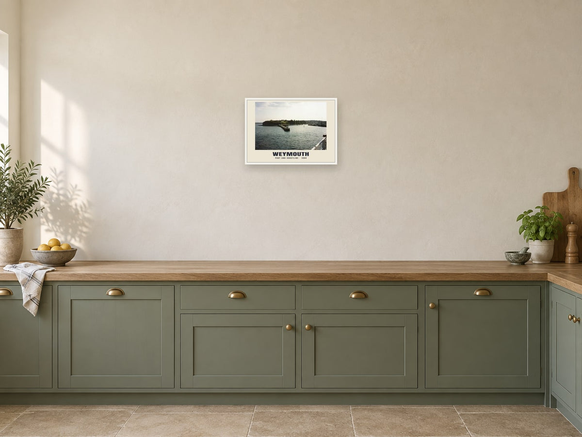 Port and coastline, Weymouth, 1994 Heritage Print at A3, in a white frame, in a kitchen
