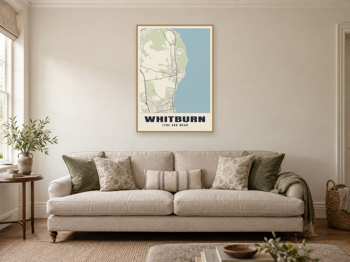 Whitburn Street Map Poster at A1, in a natural wood frame, in a sitting room