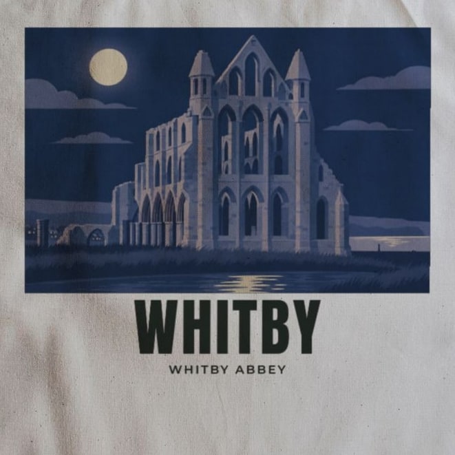 Close-up of the Whitby Abbey drawing and lettering printed on natural cotton