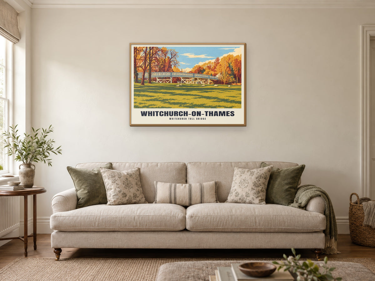 Whitchurch Toll Bridge, Whitchurch-on-Thames Poster at A1, in a natural wood frame, in a sitting room