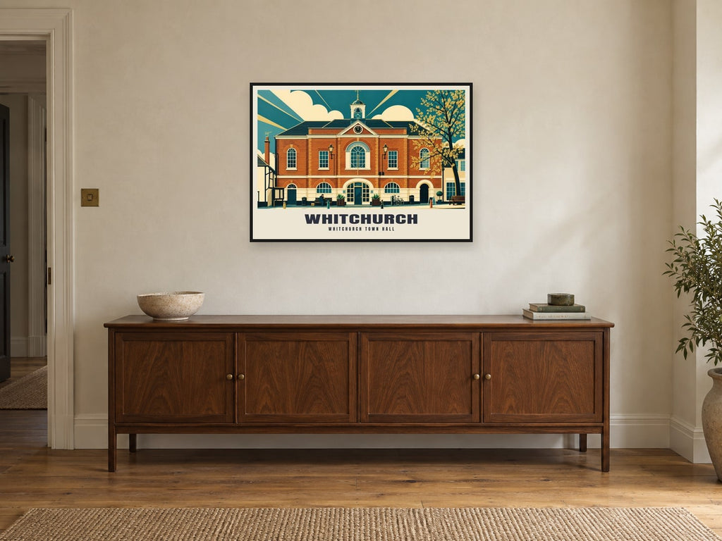Whitchurch Town Hall Poster at A1, in a black frame, above a sideboard
