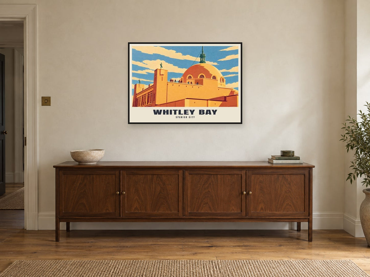 Spanish City, Whitley Bay Poster at A1, in a black frame, above a sideboard