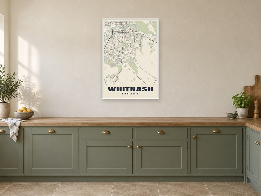 Whitnash Street Map Poster at A1, in a white frame, in a kitchen