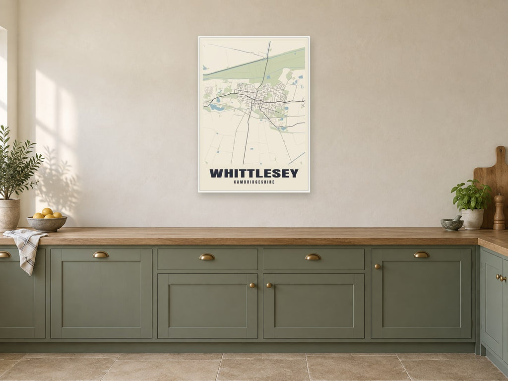Whittlesey Street Map Poster at A1, in a white frame, in a kitchen