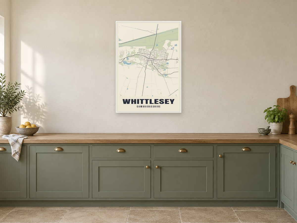 Whittlesey Street Map Poster at A1, in a white frame, in a kitchen
