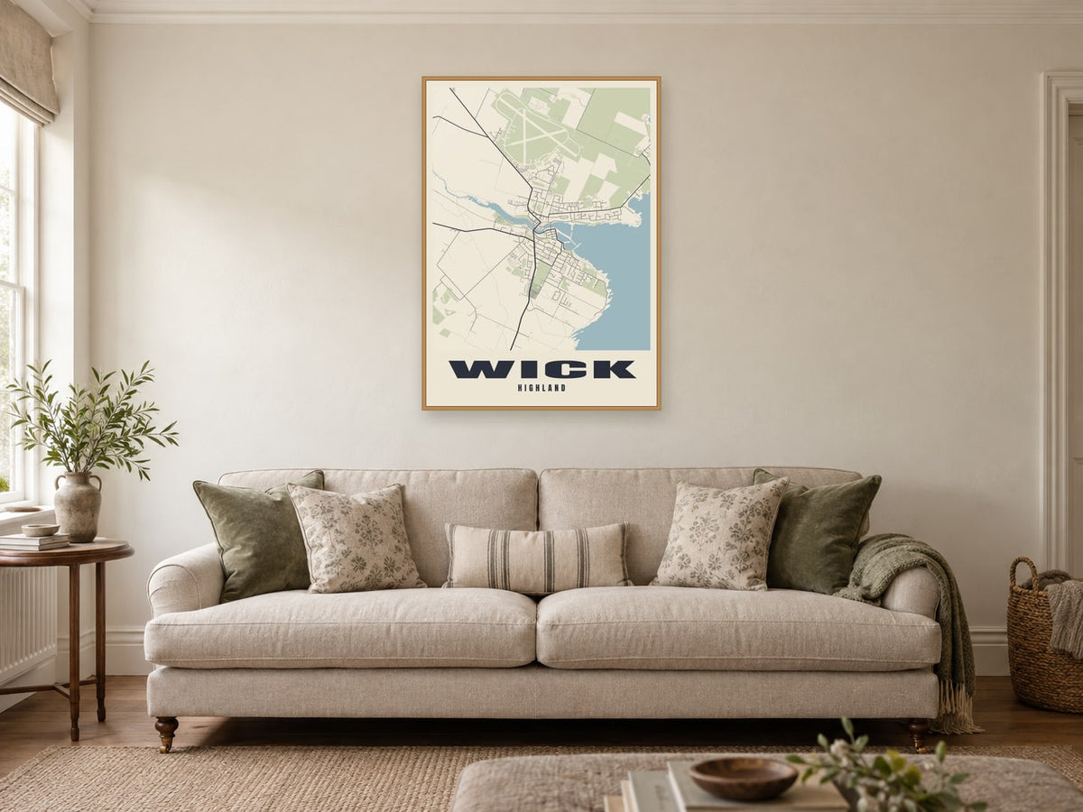 Wick Street Map Poster at A1, in a natural wood frame, in a sitting room