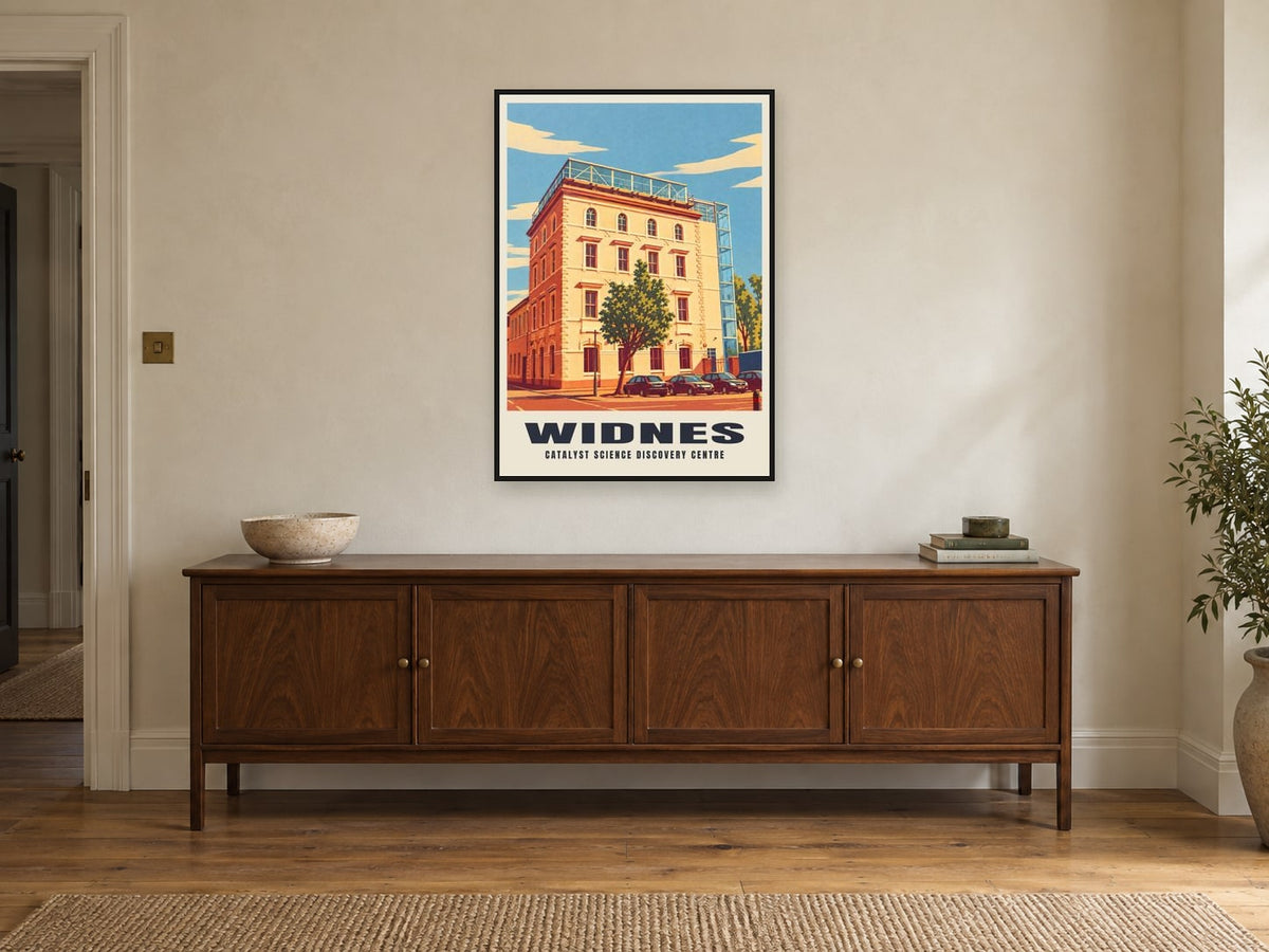 Catalyst Science Discovery Centre, Widnes Poster at A1, in a black frame, above a sideboard