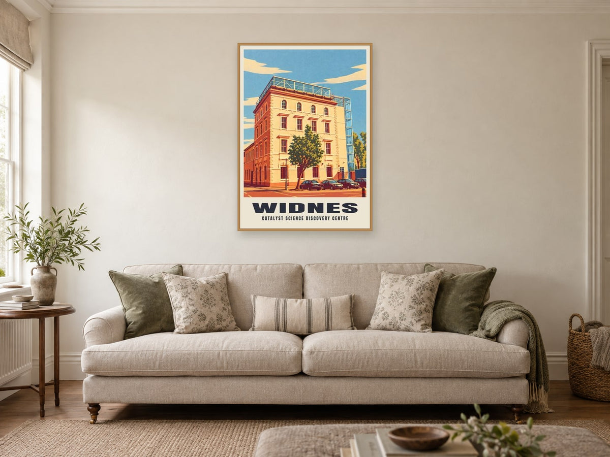 Catalyst Science Discovery Centre, Widnes Poster at A1, in a natural wood frame, in a sitting room