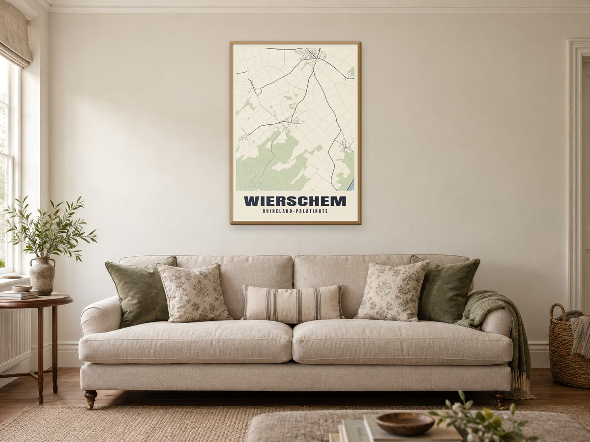 Wierschem Street Map Poster at A1, in a natural wood frame, in a sitting room