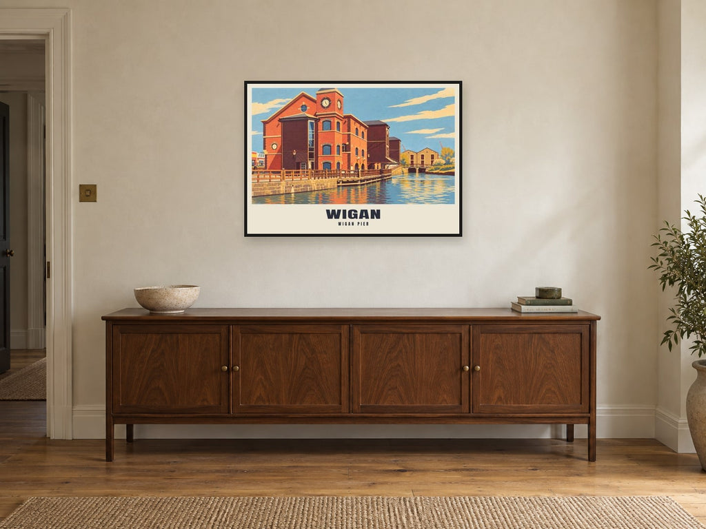 Wigan Pier Poster at A1, in a black frame, above a sideboard