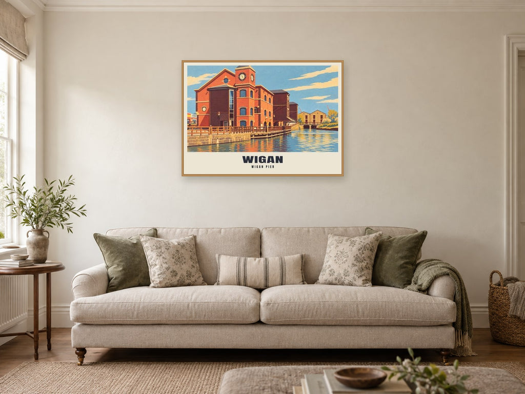 Wigan Pier Poster at A1, in a natural wood frame, in a sitting room