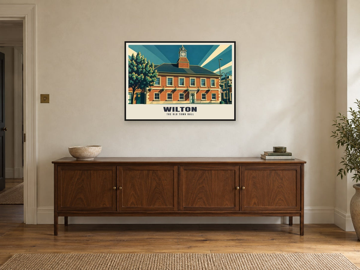 The Old Town Hall, Wilton Poster at A1, in a black frame, above a sideboard