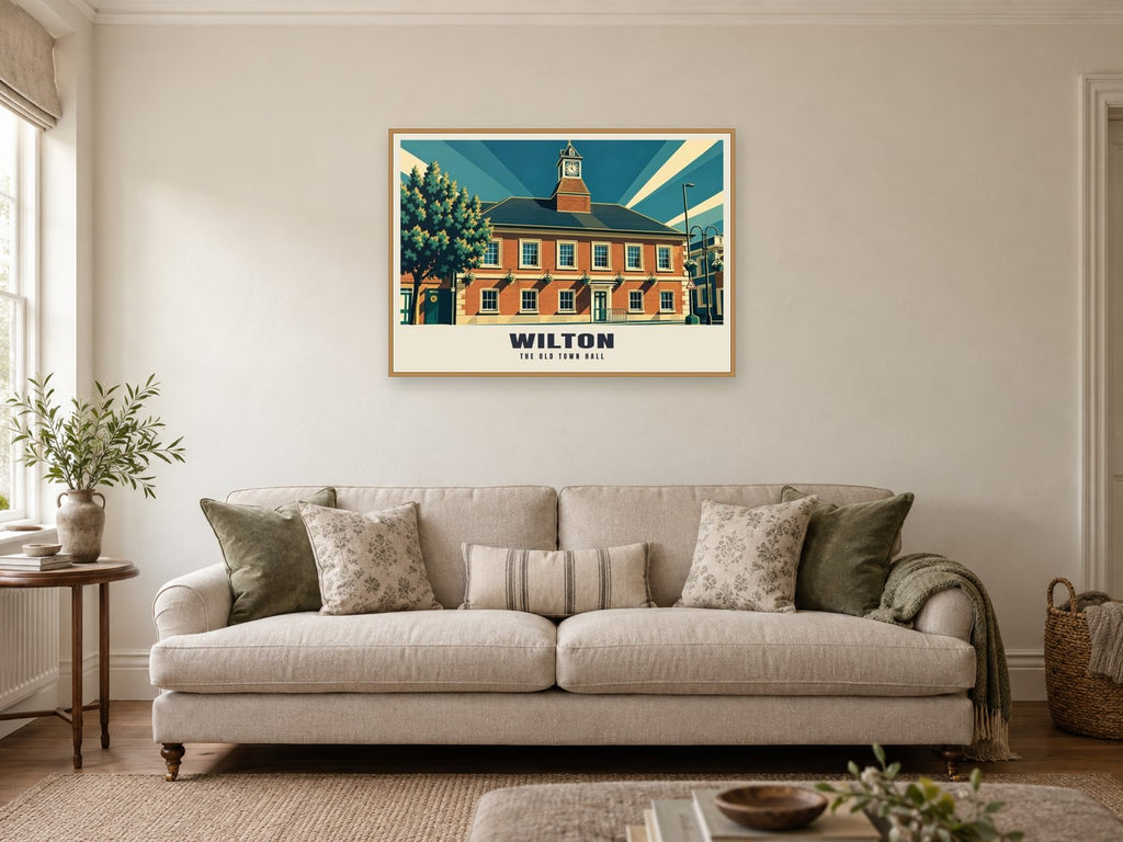 The Old Town Hall, Wilton Poster at A1, in a natural wood frame, in a sitting room