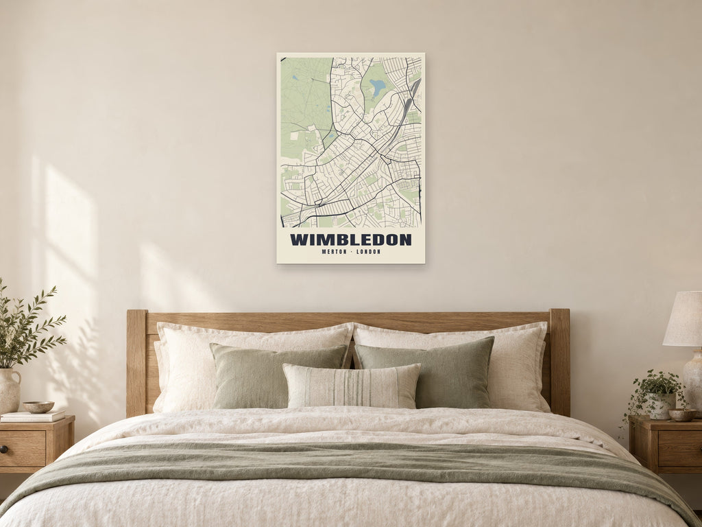 Wimbledon Heritage Street Map Poster at A1, as a poster, above a bed