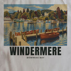 Close-up of the Bowness Bay, Windermere drawing and lettering printed on natural cotton