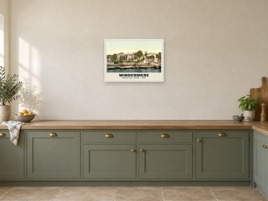 Bowness Boat Landing, Windermere, 1890s Heritage Print at A2, in a white frame, in a kitchen