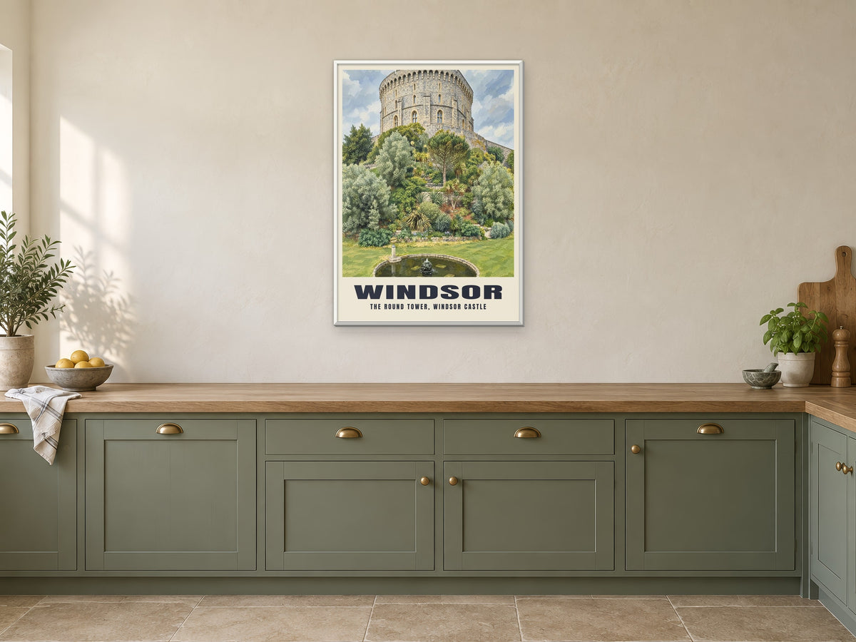 The Round Tower, Windsor Castle Poster at A1, in a white frame, in a kitchen