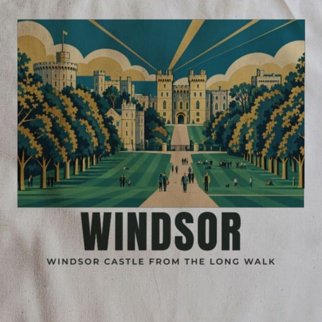 Close-up of the Windsor Castle from the Long Walk drawing and lettering printed on natural cotton