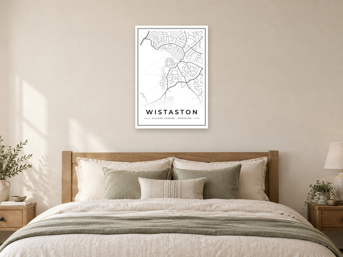 Wistaston Village Centre Street Map Poster at A1, as a poster, above a bed