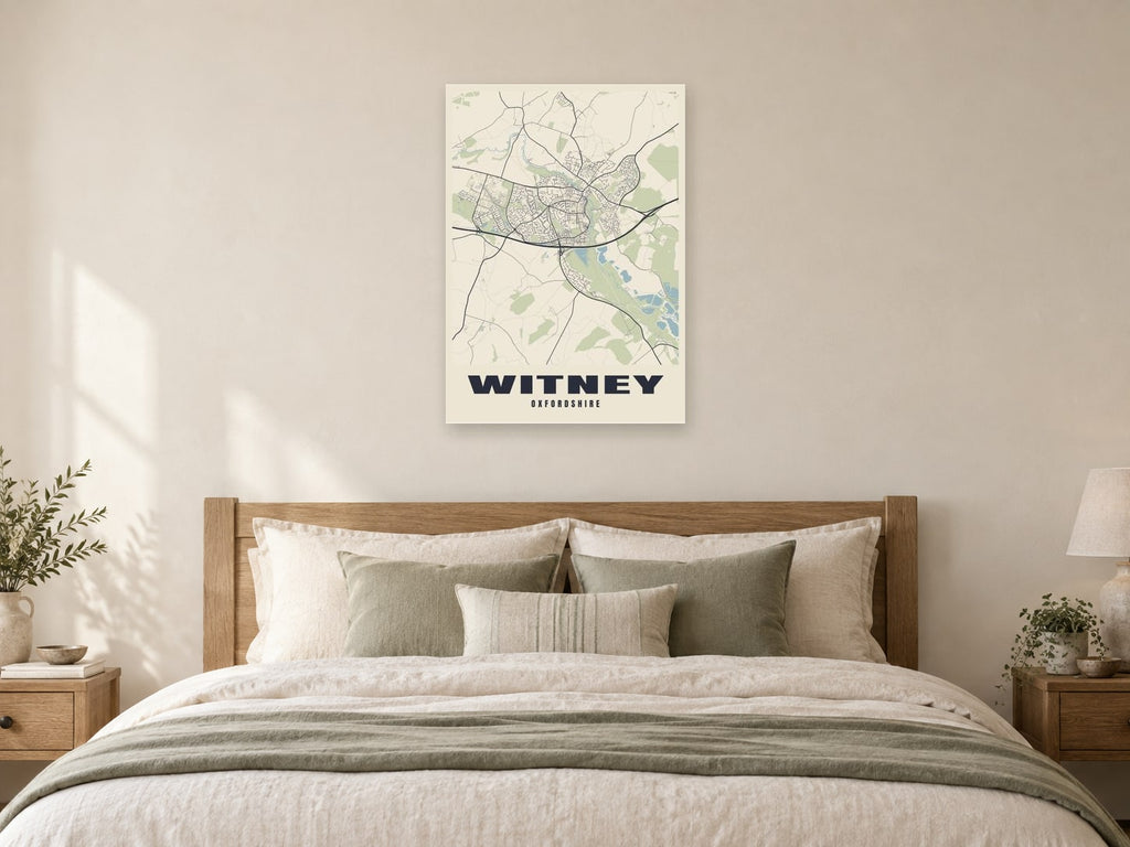 Witney Street Map Poster at A1, as a poster, above a bed