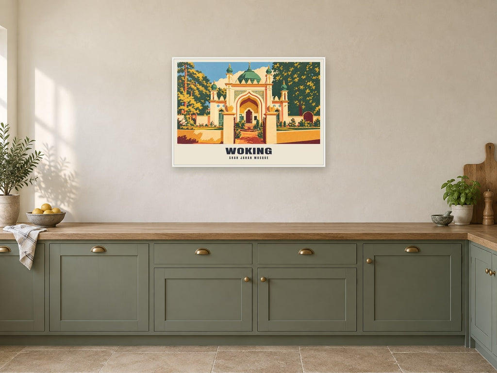 Shah Jahan Mosque, Woking Poster at A1, in a white frame, in a kitchen