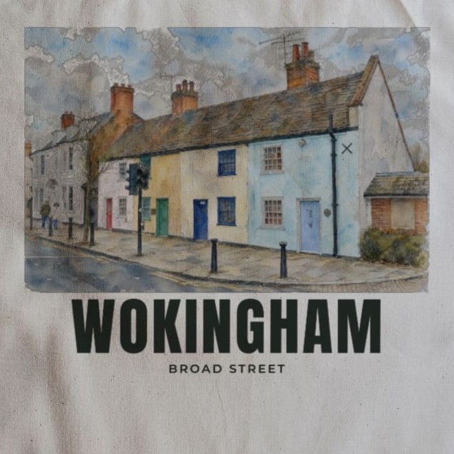 Close-up of the Broad Street, Wokingham drawing and lettering printed on natural cotton