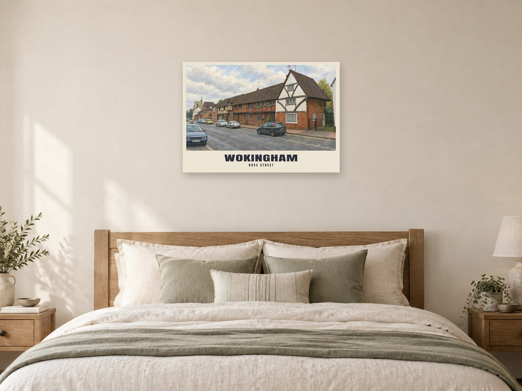 Rose Street, Wokingham Poster at A1, as a poster, above a bed