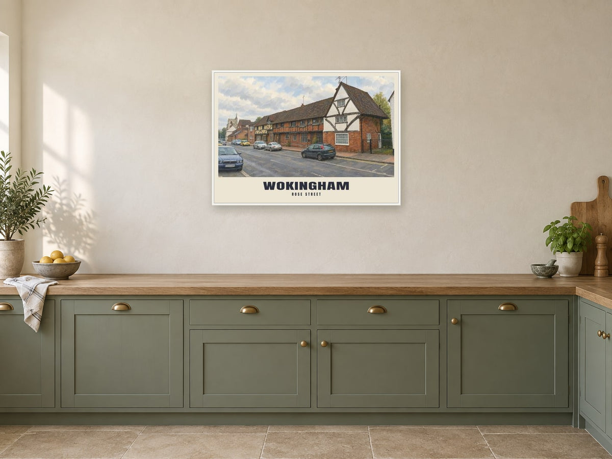 Rose Street, Wokingham Poster at A1, in a white frame, in a kitchen