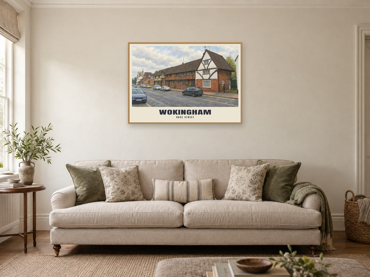 Rose Street, Wokingham Poster at A1, in a natural wood frame, in a sitting room