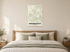 Woodcote Street Map Poster at A1, as a poster, above a bed