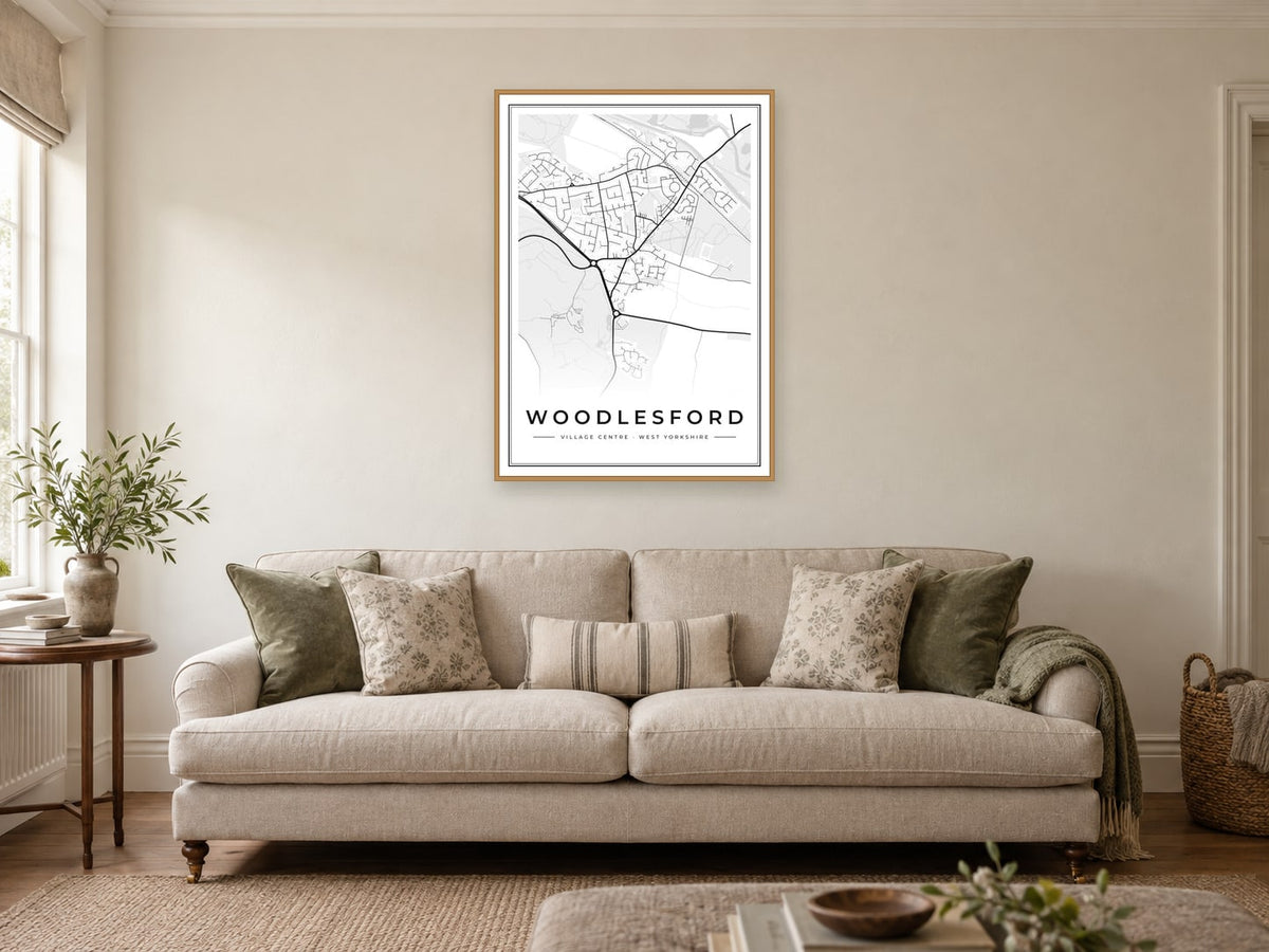 Woodlesford Village Centre Street Map Poster at A1, in a natural wood frame, in a sitting room