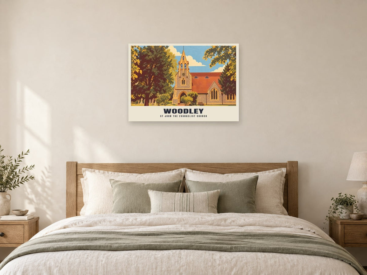 St John the Evangelist Church, Woodley Poster at A1, as a poster, above a bed